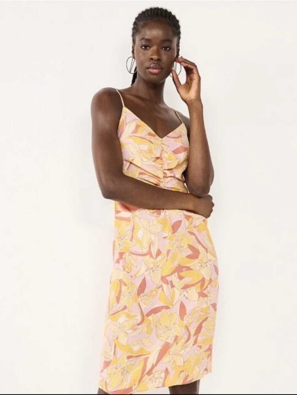 Nine West Floral Ruched Midi Dress Spaghetti Strap Sundress Size Large New